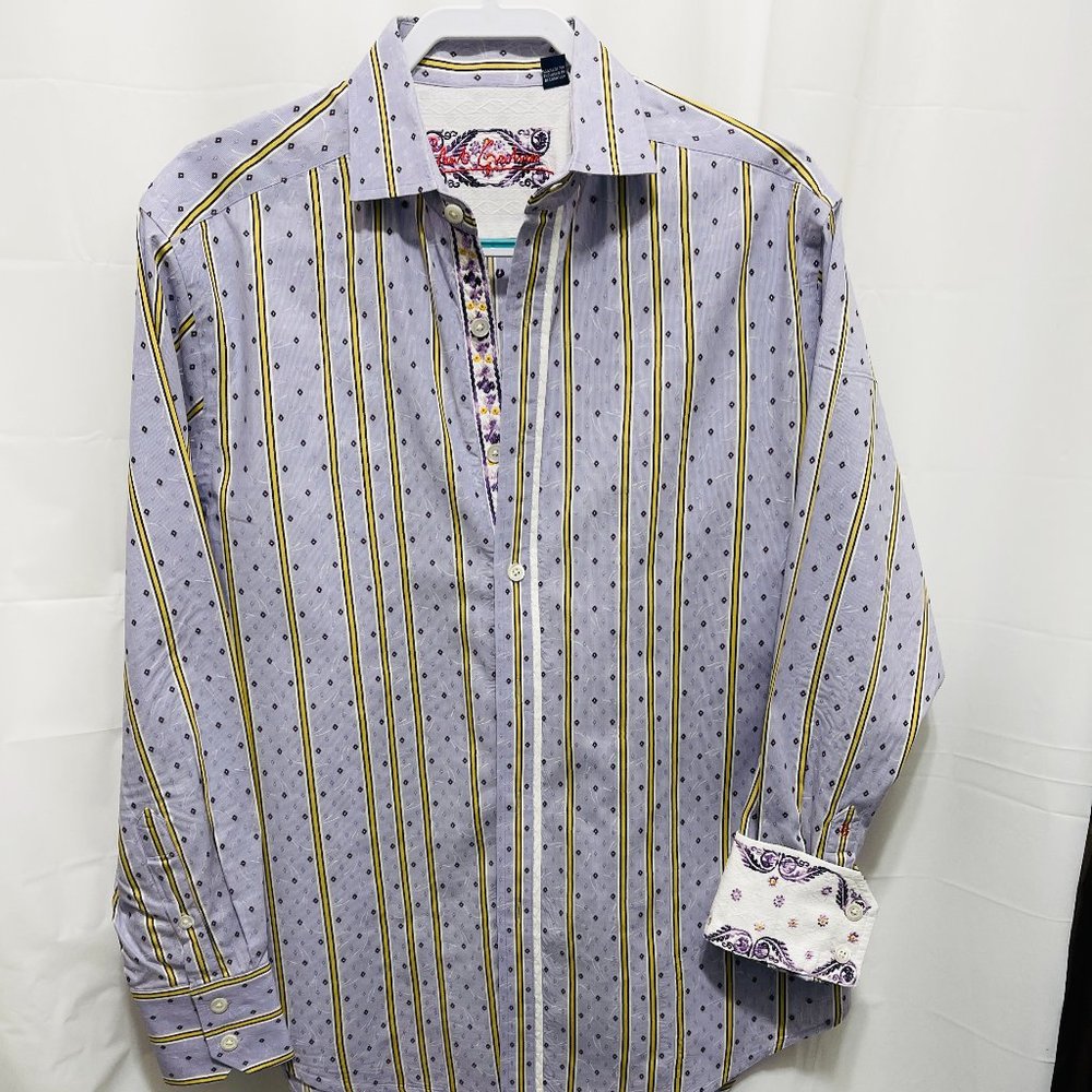 Robert Graham Men’s Flip Cuff Shirt, Sz L, Blue/yellow Stripe